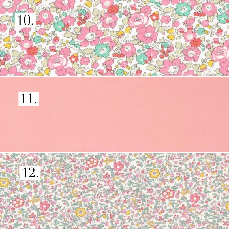 May include: Three fabric swatches with numbers 10, 11, and 12. The top and bottom swatches are white with a small pink and green floral pattern. The middle swatch is solid pink.
