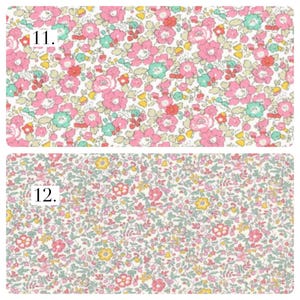 May include: Two fabric swatches with floral patterns. Number 11 features large pink, mint green, and yellow flowers on a white background. Number 12 displays a dense, intricate print of tiny pink, yellow, and sage green flowers on a white background.