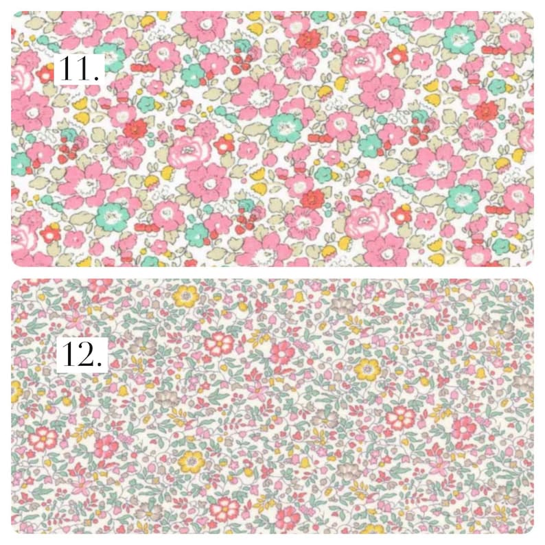 May include: Two fabric swatches with floral patterns. Number 11 features large pink, mint green, and yellow flowers on a white background. Number 12 displays a dense, intricate print of tiny pink, yellow, and sage green flowers on a white background.
