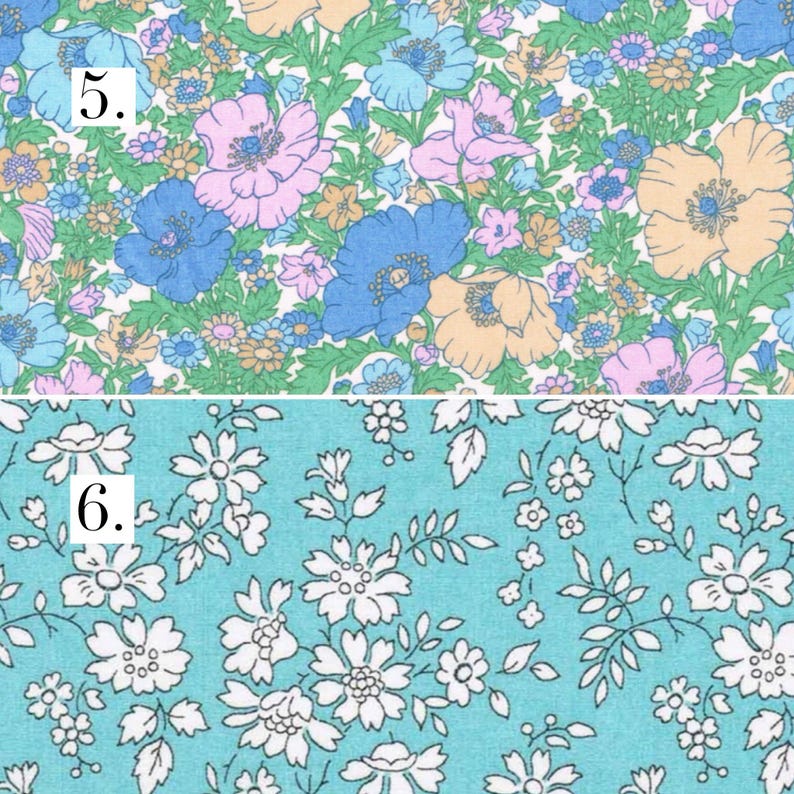 May include: Two fabric patterns are shown. Pattern 5 features a dense floral print with blue, pink, and peach flowers on a white background. Pattern 6 displays a repeating white floral design on a solid turquoise background, labeled with the number 6.