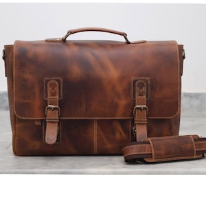 Bolso bandolera de piel de búfalo para hombre y mujer, bandolera para portátil, maletín de oficina, marrón rústico vintage, el mejor regalo para madres.