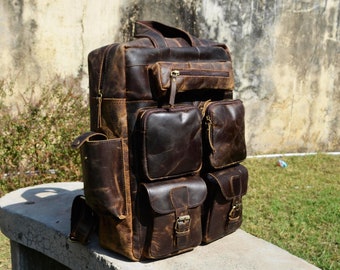 17" Leather Backpack, Travel Rucksack, Vintage Laptop Bag, Hiking School College Backpack, Outdoor Shoulder Daypack for Men Women