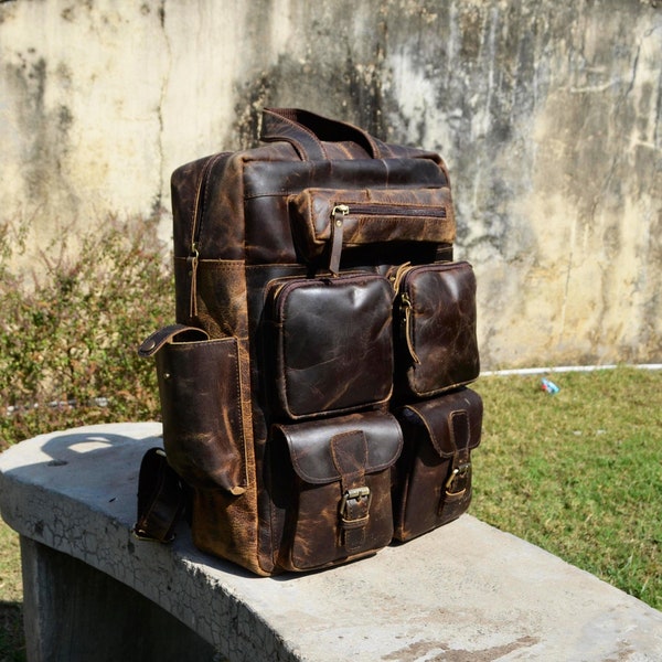 17" Leather Backpack Travel Rucksack Vintage Laptop Bag Hiking School College Backpack Outdoor Shoulder bag for Men Women Mothers Day gift