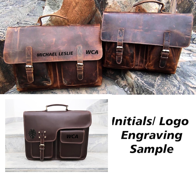 May include: Two brown leather briefcases with a flap closure and two front pockets. The briefcase on the left has the text "MICHAEL LESLIE WCA" engraved on the front. The briefcase on the right has a plant design engraved on the front. The text "Initials/Logo Engraving Sample" is displayed below the briefcases.