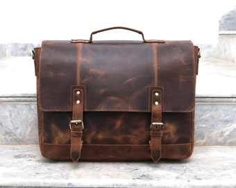 Handmade Buffalo Leather Messenger Cross-Body Laptop Bag Office Handbag Briefcase Rustic Vintage Satchel Unisex Valentine's Day Gift