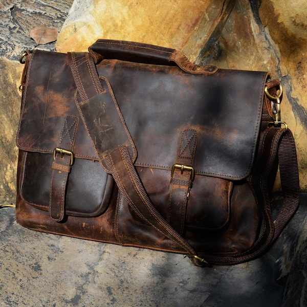 Handgefertigte Büffelleder Messenger Cross-Body Laptop Tasche Büro Handtasche Aktentasche Rustikale Vintage Messenger Bag für Männer Frauen Muttertag Geschenk