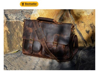 Handmade Buffalo Leather Messenger Bag: Rustic Vintage Laptop Briefcase Work Travel Unisex