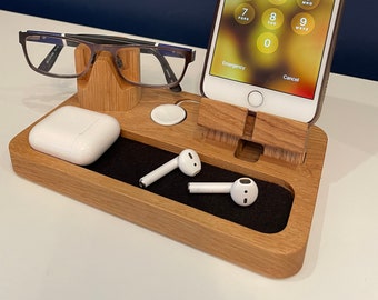 Personalised phone, Apple Watch and glasses stand, MagSafe, cellphone docking station tech, desk, bedside  accessory, gift for him, dad