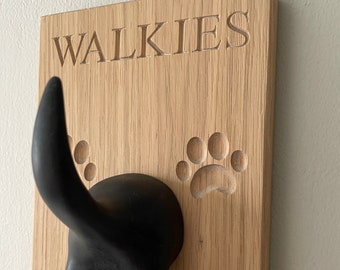 Dog Lead Hook with solid Oak backboard, Personalised dog leash holder,