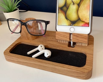 Personalised Phone and glasses stand, Apple iPhone, Samsung, Android docking station, tech, desk, bedside accessory, gift for him, her, dad