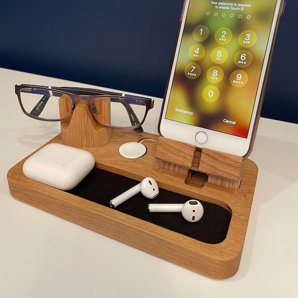 Personalised phone, Apple Watch and glasses stand, MagSafe, cellphone docking station tech, desk, bedside  accessory, gift for him, dad