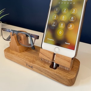 Phone and glasses holder, bedside/desk organiser, phone and spectacle wooden charging/docking station, tech accessory, gift for him, dad