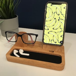 iPhone MagSafe and glasses stand, Apple oak docking station, tech, desk, bedside accessory, gift for him, her, dad, can be personalised.