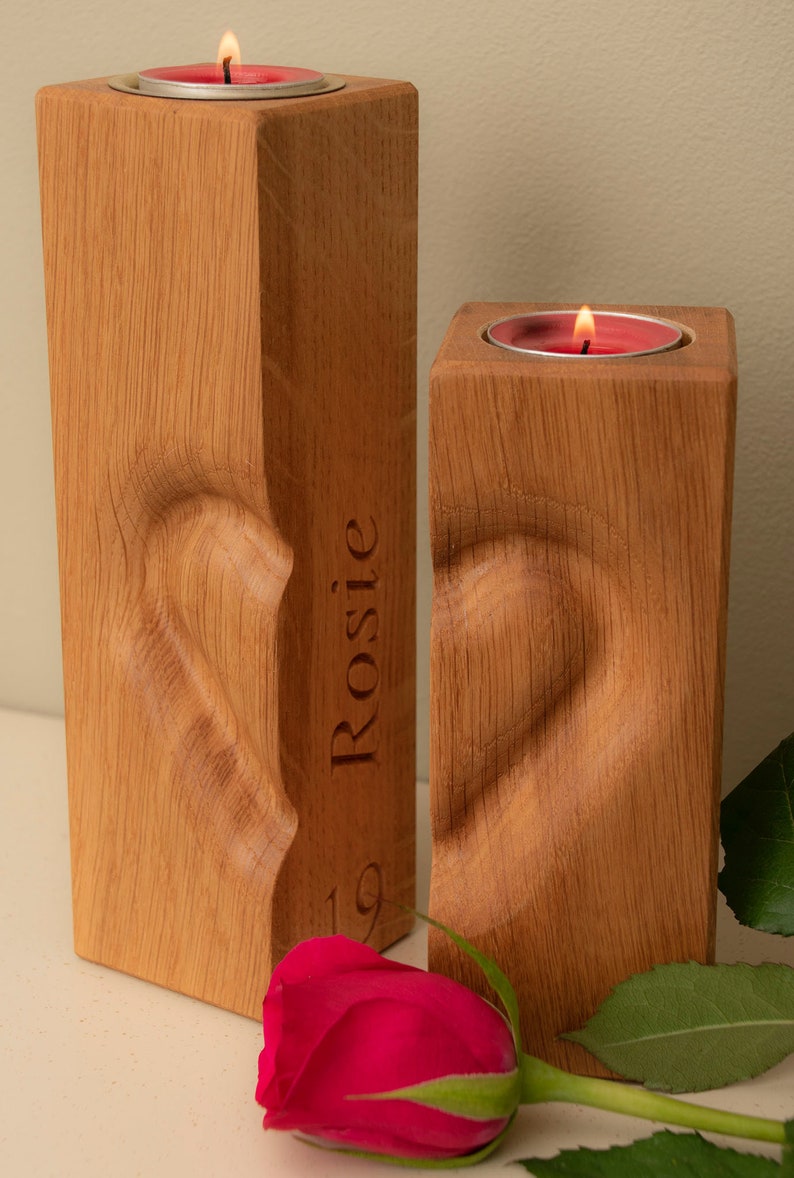5th Anniversary Gift, wood anniversary gift, Unique Wedding gift for her him wife husband couple, personalised pillar candle holder image 2
