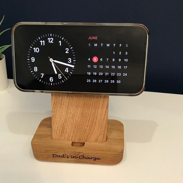 iPhone MagSafe charging stand, solid oak docking station, tech/bedside accessory, gift for him, her, can be personalised