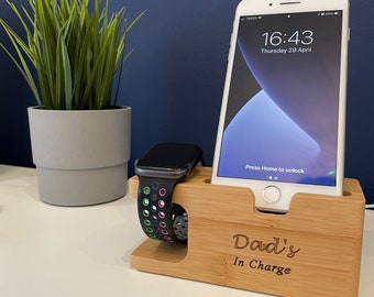 Bamboo iPhone and Apple Watch docking station, Charging stand, wooden iPhone dock, Father’s Day, gift for him,her - can be personalised