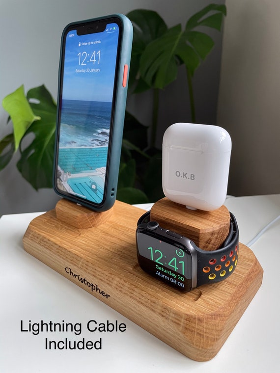 Station de charge en bois 3-en-1 Apple - iPhone, Airpods, Watch