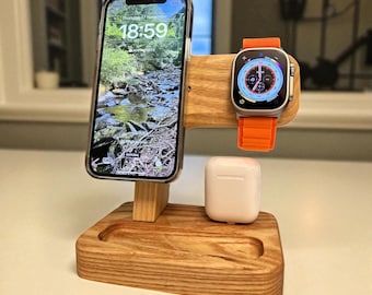 Solid Oak 3-in-1 Charging Station: MagSafe iPhone, Apple Watch, AirPods - Adjustable Tech Dock