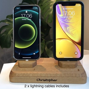 Dual iPhone charger, two lightning or USB- C multi phone dock, iPhone, Samsung, Google docking station with cables, wooden gift for couple