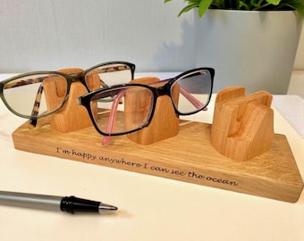Personalized Wooden Triple Eyeglasses Stand: Solid Oak Spectacle Holder