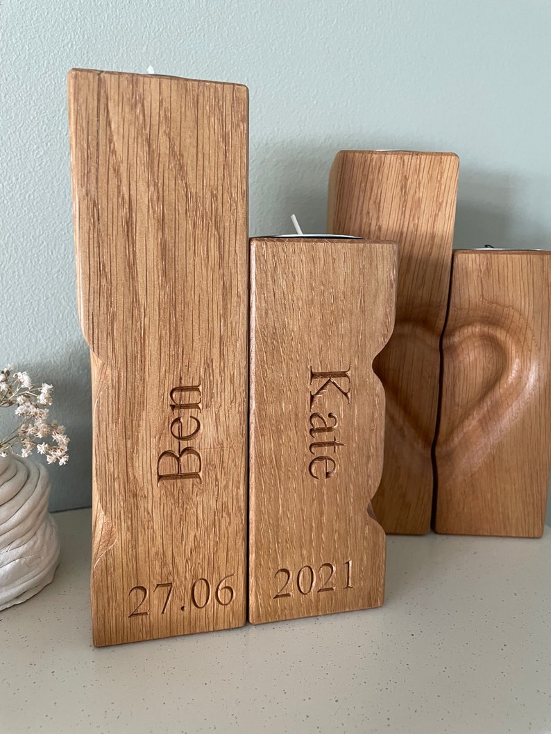 5th Anniversary Gift, wood anniversary gift, Unique Wedding gift for her him wife husband couple, personalised pillar candle holder image 3