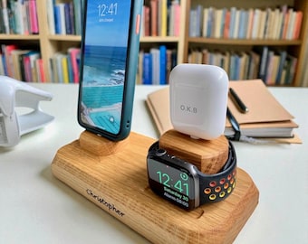 Handcrafted Oak 3-in-1 Charging Dock: iPhone, AirPods, Apple Watch
