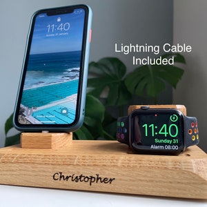 iPhone, Apple Watch charging docking station, wooden dock, tech/desk/bedside accessory, nightstand, gift for him, her, can be personalised
