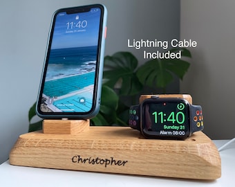 iPhone, Apple Watch charging docking station, wooden dock, tech/desk/bedside accessory, nightstand, gift for him, her, can be personalised