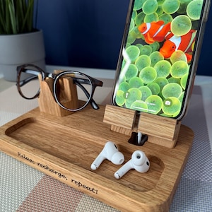 Personalised Phone and glasses stand, Apple iPhone, Samsung, Android docking station, tech, desk, bedside accessory, gift for him, her, dad