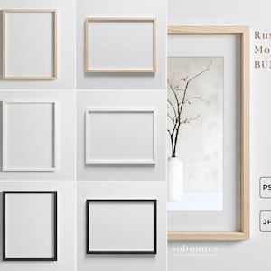 Può includere: Un pacchetto di mockup con sei cornici in vari stili e colori. Le cornici includono finiture in legno naturale, bianco e nero. L'immagine include anche un vaso con un ramo e il testo "Russian Pine Mockup Bundle 6".