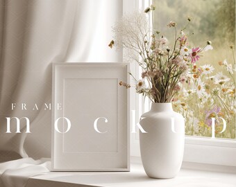 White Frame Mockup with Window and Wildflowers (JPG PSD)