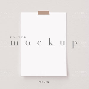 May include: A white poster mockup with the word "POSTER MOCKUP" printed in gray text at the top. The poster is taped to a light gray textured background.