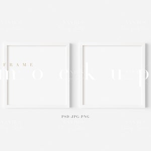 May include: Two white picture frames against a white background. The frames are empty and ready for your artwork or photos.
