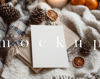 Cottage Christmas Card Mockup | Rustic Holiday Scene (5x7 format, JPG, PSD)