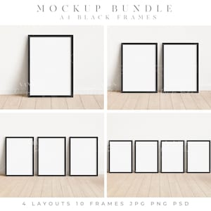 A4 Black Frame Mockup Bundle/Modern Digital Mockup/A4 Minimalist Black Framed Art Display/Vertical Frames/PNG JPG PSD Smart Object/D98