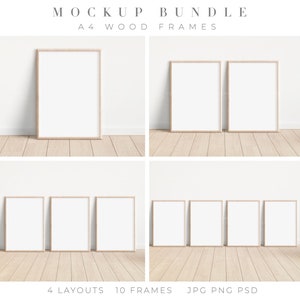 May include: Mockup bundle of 10 A4 wood frames in 4 different layouts. The frames are empty and are displayed on a light wood floor against a white wall.