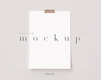 May include: A white poster mockup with the word "POSTER MOCKUP" printed in gray text at the top. The poster is taped to a light gray textured background.