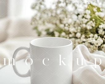 Floral Mug Mockup: Elegant White Coffee Cup (JPG Digital Download)