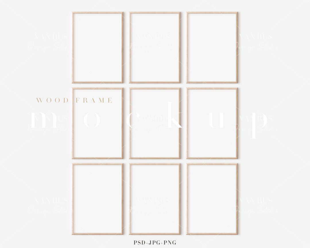 A4 Wood Frame Mockup: Modern Minimalist Art Display With 9 Frames (PNG ...