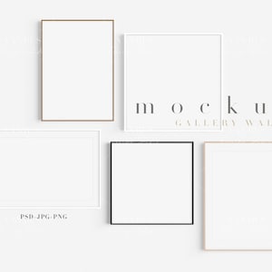 May include: A mockup of a gallery wall with five frames. The frames are in various sizes and colors, including white, black, brown, and beige. The frames are empty and ready for your artwork.