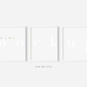 May include: Three white picture frames against a white background. The frames are arranged horizontally, with the leftmost frame labelled "FRAME MOCKUP".