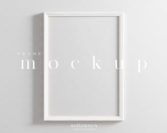 May include: White rectangular frame mockup with the word "FRAME" above the word "mockup" in a minimalist font. The frame is centered on a light gray background. The text "softounes" is at the bottom.