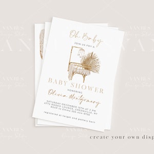 May include: A white baby shower invitation with gold text. The invitation features a watercolor illustration of a crib with a dreamcatcher hanging above it. The text reads "Oh Baby, Join us for a Baby Shower Honoring Olivia Montgomery, Saturday, December 15th at 2 PM, 4772 Rodeo Lounge, Greenville, NY, RSVP to Emma 555-444-9756, Registered at Target and Pottery Barn."