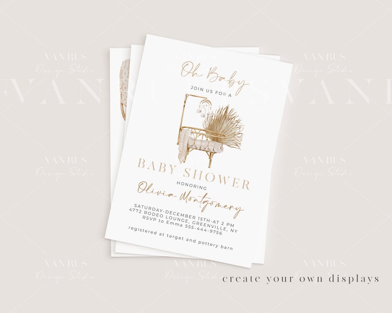 May include: A white baby shower invitation with gold text. The invitation features a watercolor illustration of a crib with a dreamcatcher hanging above it. The text reads "Oh Baby, Join us for a Baby Shower Honoring Olivia Montgomery, Saturday, December 15th at 2 PM, 4772 Rodeo Lounge, Greenville, NY, RSVP to Emma 555-444-9756, Registered at Target and Pottery Barn."