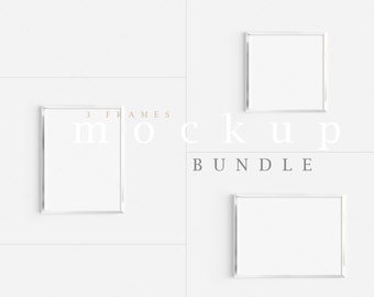 Silver Metal Frame Mockup Bundle/Digital Mockups/Silver Mockup Frame Set of 3/Glowy Shiny Modern Silver Framed Art Display/PNG JPG PSD/M379