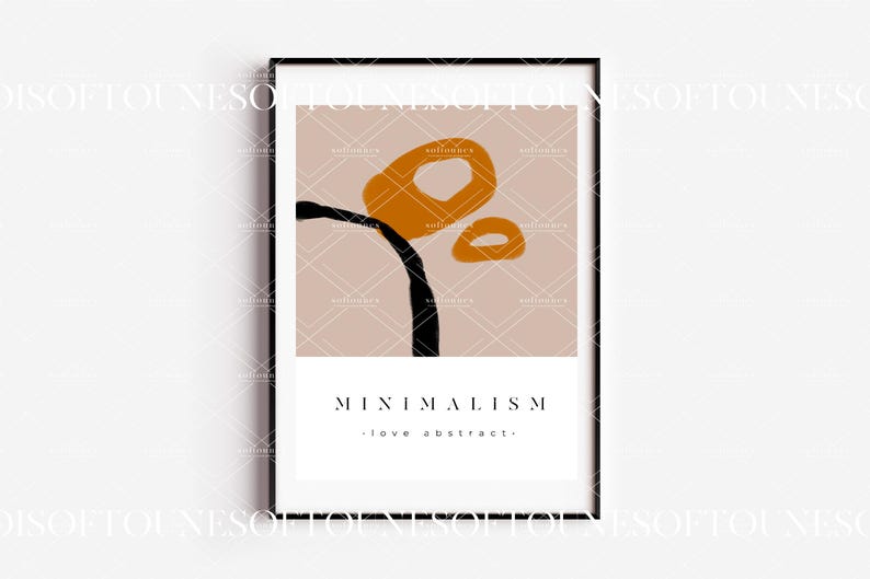 May include: A minimalist art print with a peach background and abstract shapes in black and orange. The text "MINIMALISM" and "i love abstract." is printed in black at the bottom of the print.