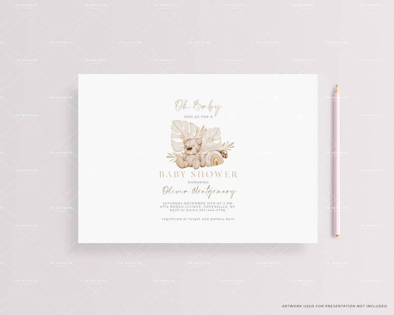 May include: A baby shower invitation with a watercolor illustration of a bear wearing a crown and sitting on a rainbow. The text reads "Oh Baby" and "Baby Shower Honoring Olivia Montgomery".