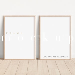 May include: Two light wood picture frames with white mats and a white background. The frames are empty and ready for your artwork. JPG, PNG, PSD Smart Object.