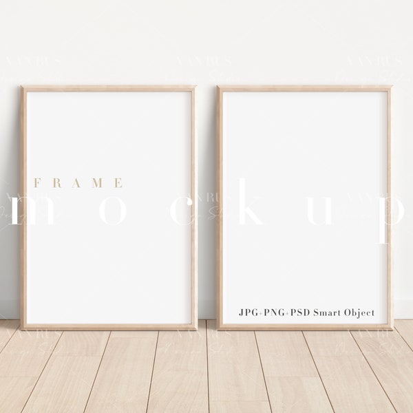 Wood Frame Mockup Set of 2/A4 Minimalist Wood Framed Art Display/Simple Vertical Digital Frame Template/ PNG JPG PSD Smart Object/N140