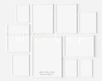 Gallery Wall Mockup: 10 White Frames Art Display (PNG JPG PSD)